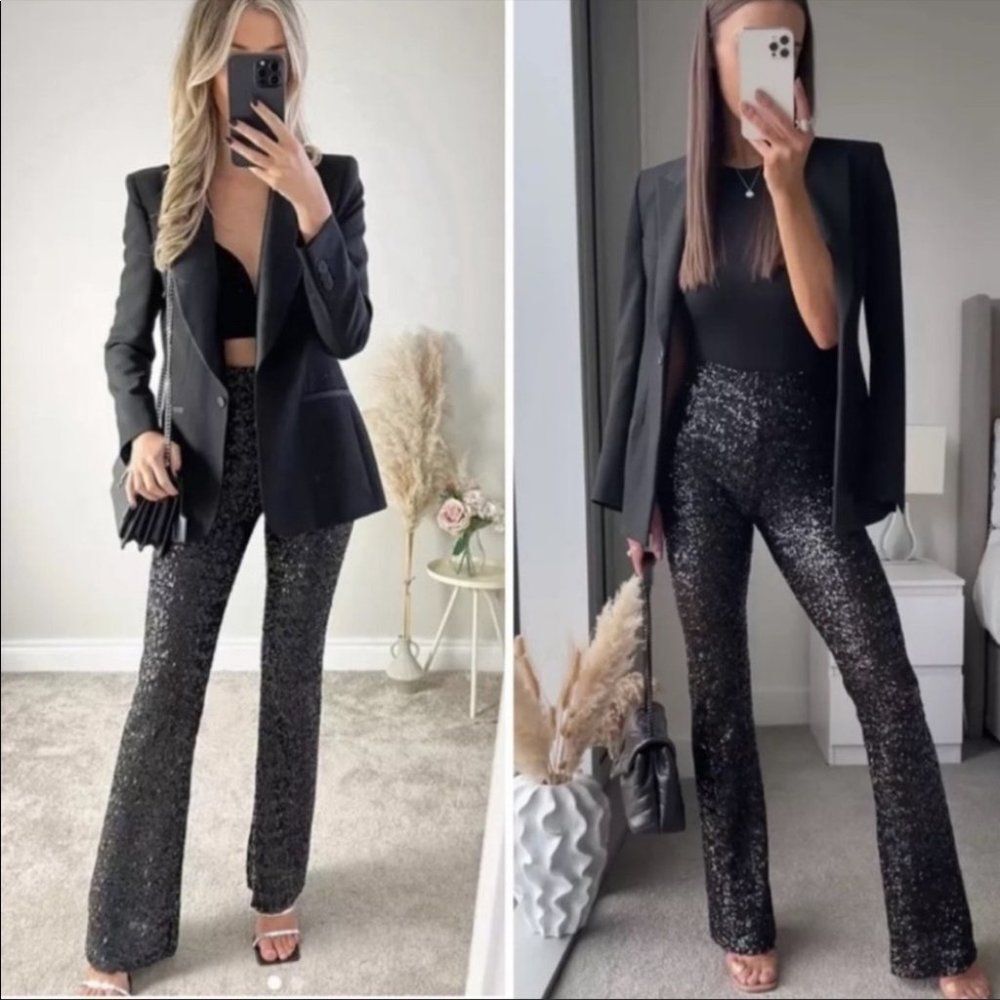 Zara Shiny straight Leg High Waisted Pants Semi Sheer W Interior Lining